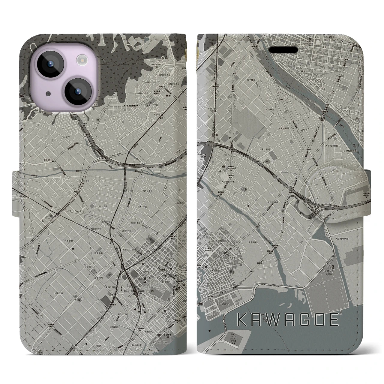 【川越(三重県)】地図柄iPhoneケース(手帳タイプ)モノトーン・iPhone 14 用