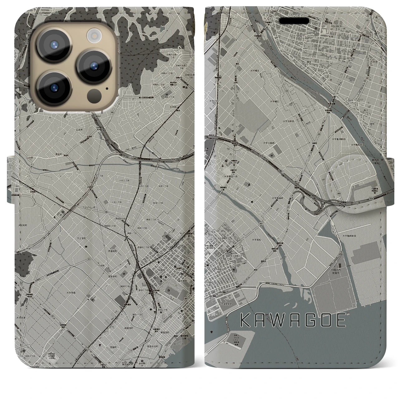【川越(三重県)】地図柄iPhoneケース(手帳タイプ)モノトーン・iPhone 14 Pro Max 用