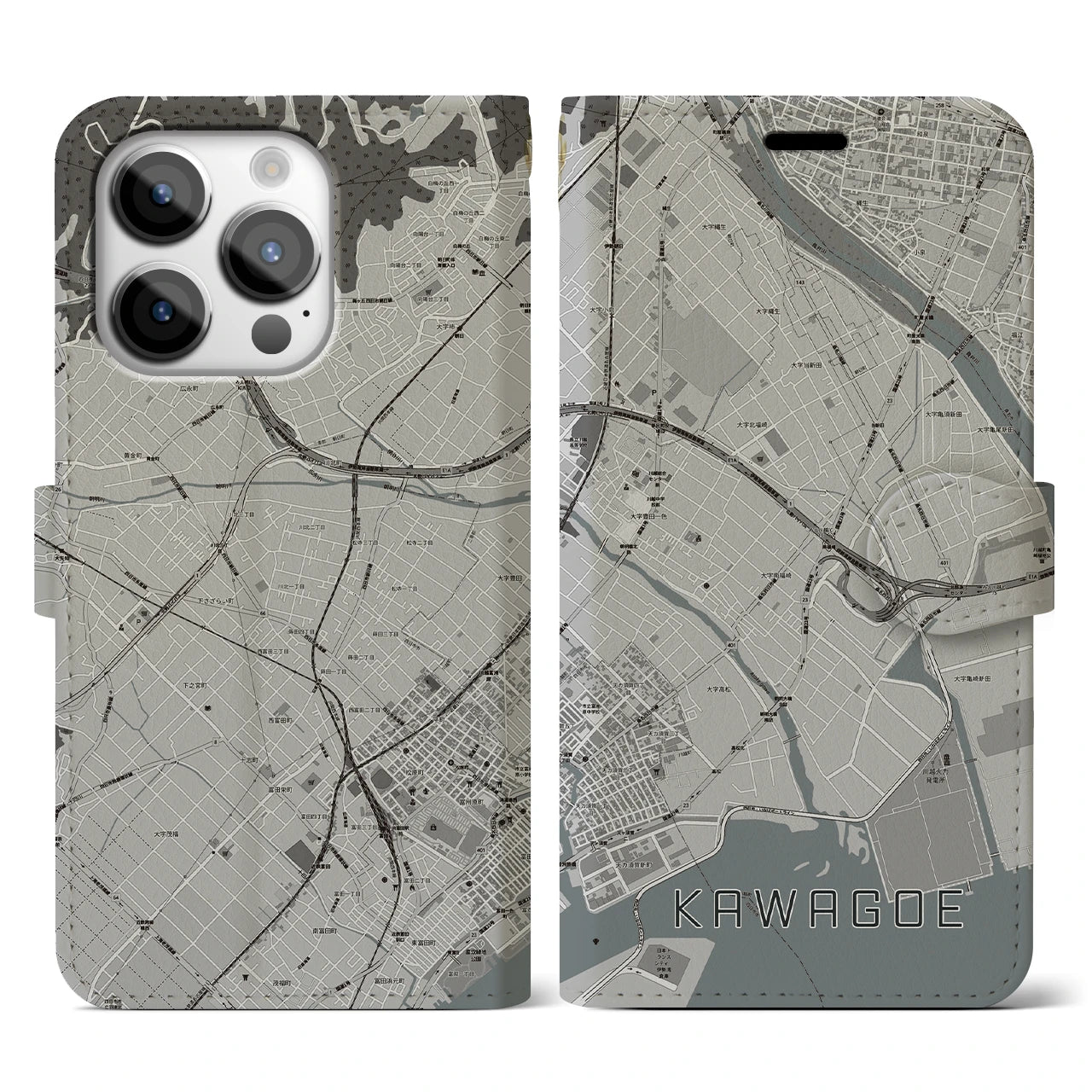 【川越(三重県)】地図柄iPhoneケース(手帳タイプ)モノトーン・iPhone 14 Pro 用