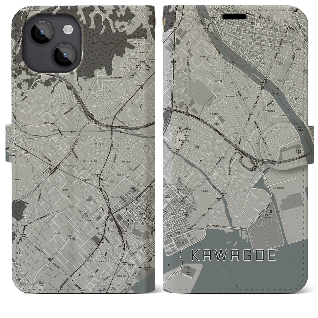 【川越(三重県)】地図柄iPhoneケース(手帳タイプ)モノトーン・iPhone 14 Plus 用