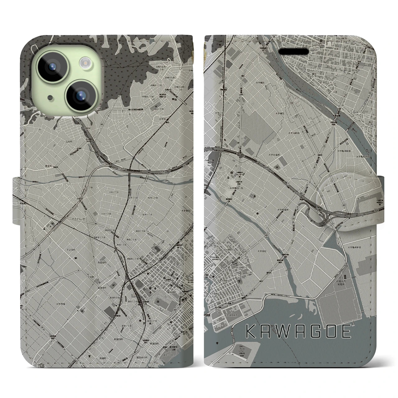 【川越(三重県)】地図柄iPhoneケース(手帳タイプ)モノトーン・iPhone 15 用