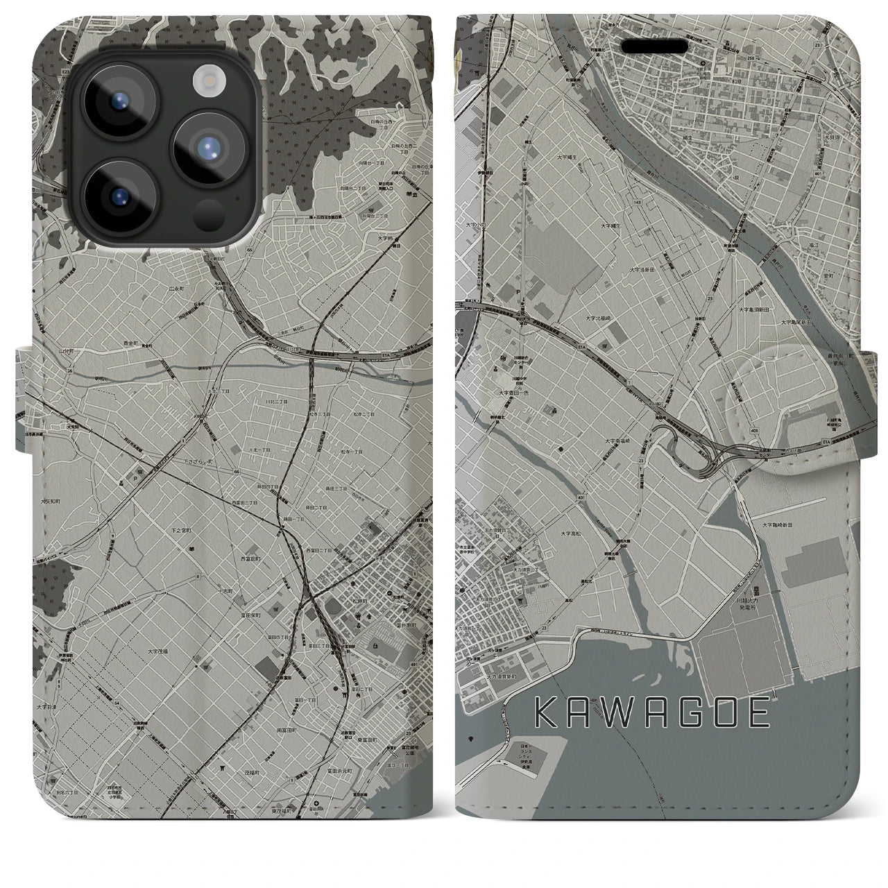 【川越(三重県)】地図柄iPhoneケース(手帳タイプ)モノトーン・iPhone 15 Pro Max 用