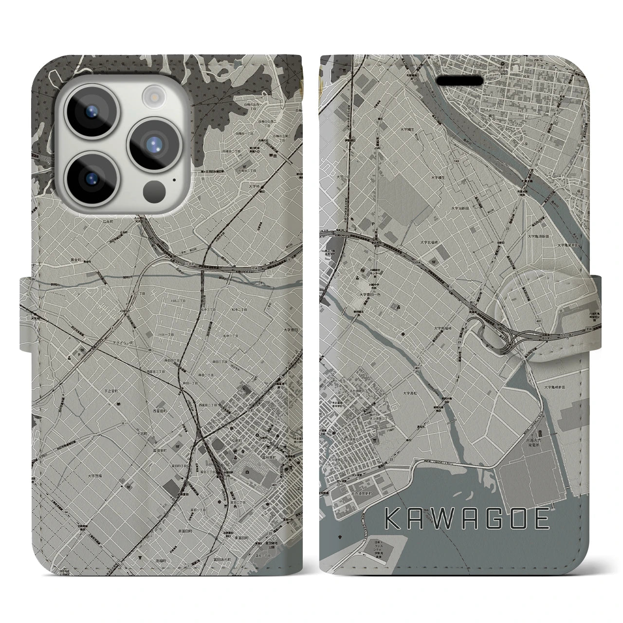 【川越(三重県)】地図柄iPhoneケース(手帳タイプ)モノトーン・iPhone 15 Pro 用