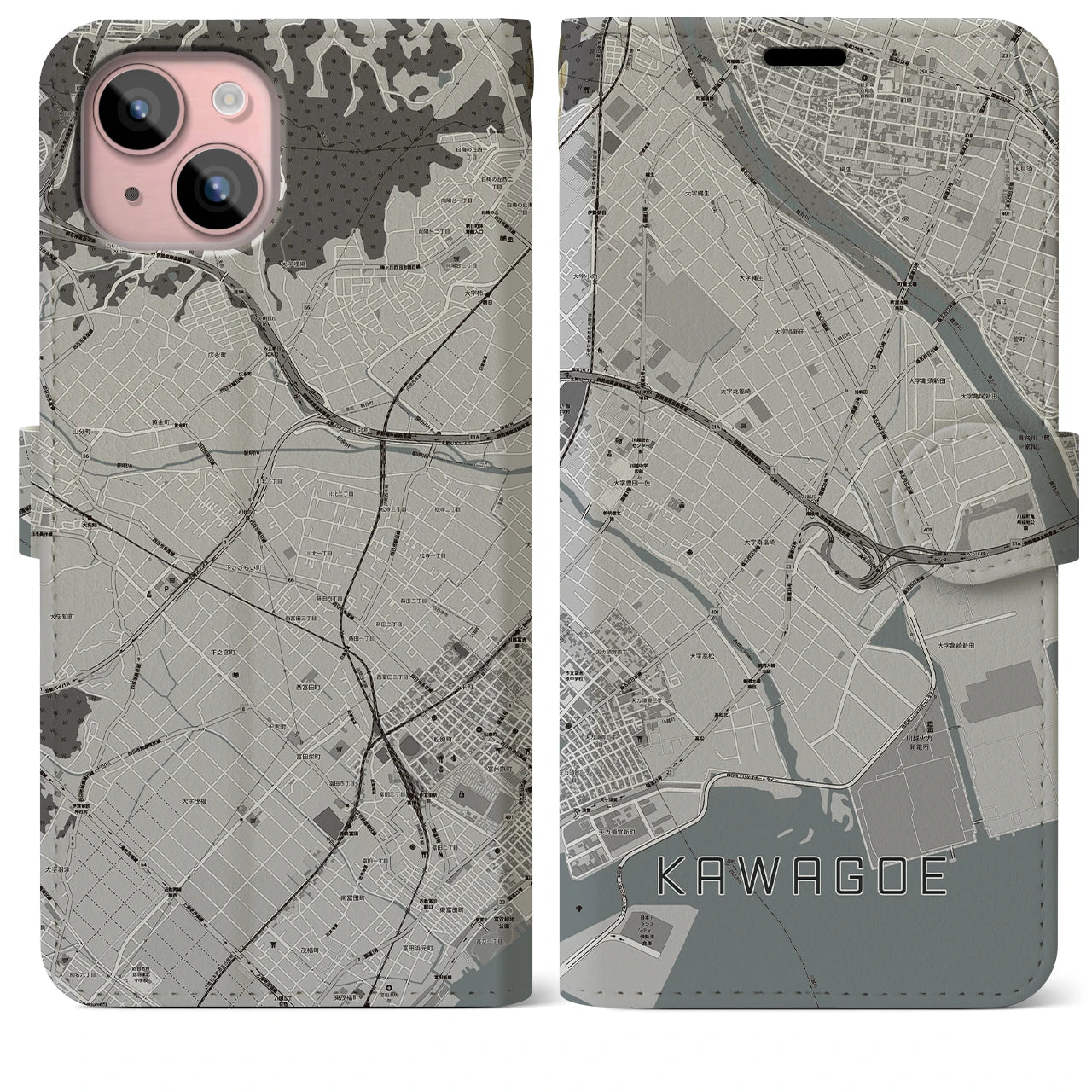 【川越(三重県)】地図柄iPhoneケース(手帳タイプ)モノトーン・iPhone 15 Plus 用