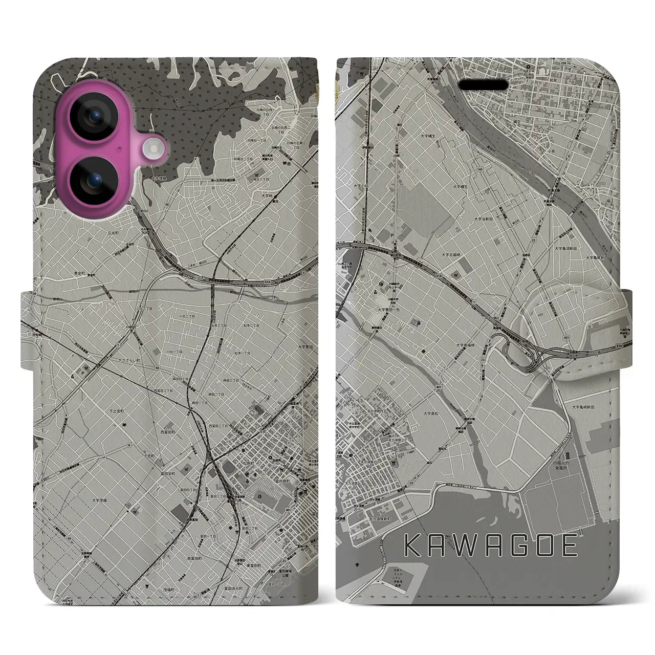 【川越(三重県)】地図柄iPhoneケース(手帳タイプ)モノトーン・iPhone 16 Pro 用