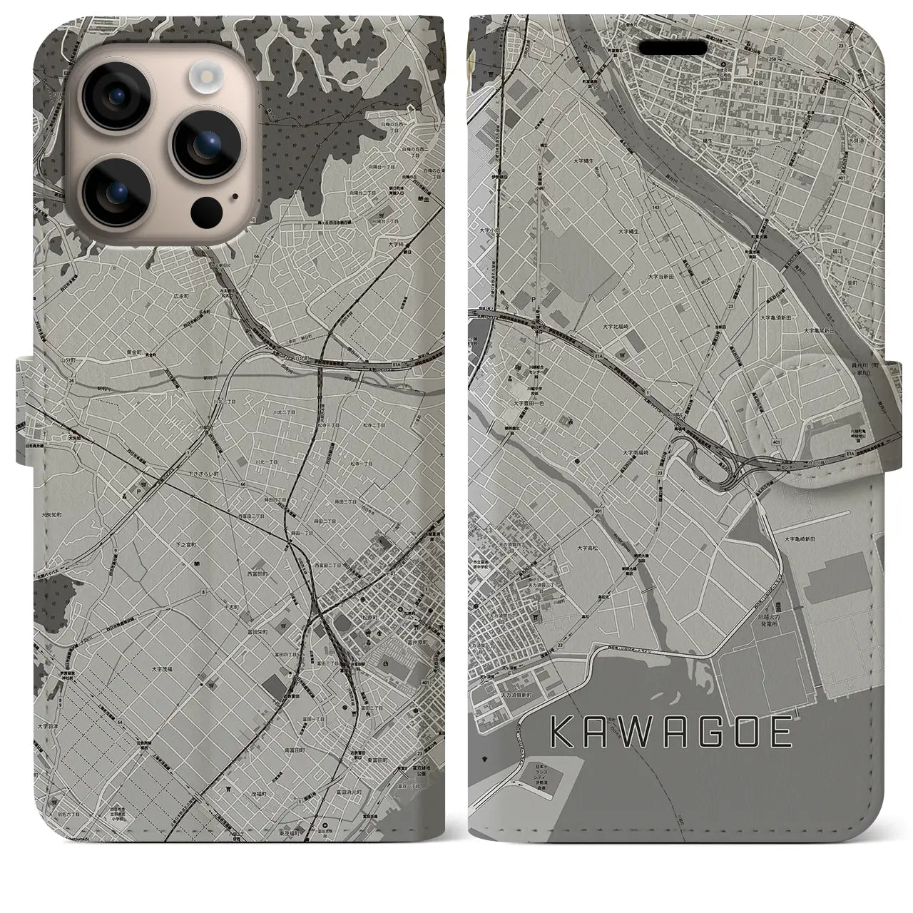 【川越(三重県)】地図柄iPhoneケース(手帳タイプ)モノトーン・iPhone 16 Plus 用
