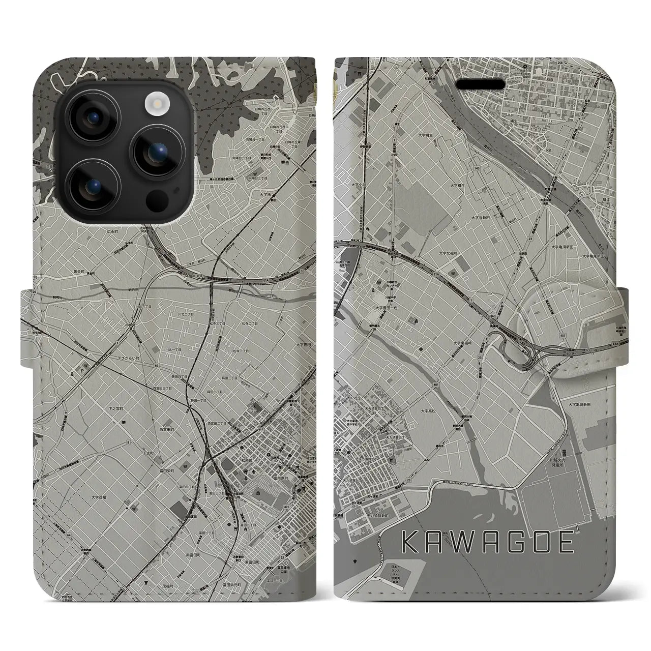 【川越(三重県)】地図柄iPhoneケース(手帳タイプ)モノトーン・iPhone 16 用