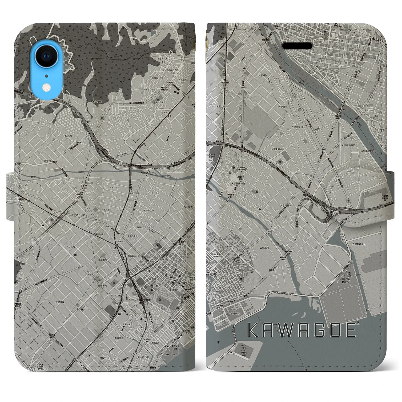 【川越(三重県)】地図柄iPhoneケース(手帳タイプ)モノトーン・iPhone XR 用