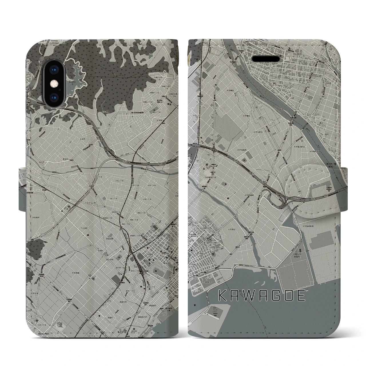 【川越(三重県)】地図柄iPhoneケース(手帳タイプ)モノトーン・iPhone XS / X 用