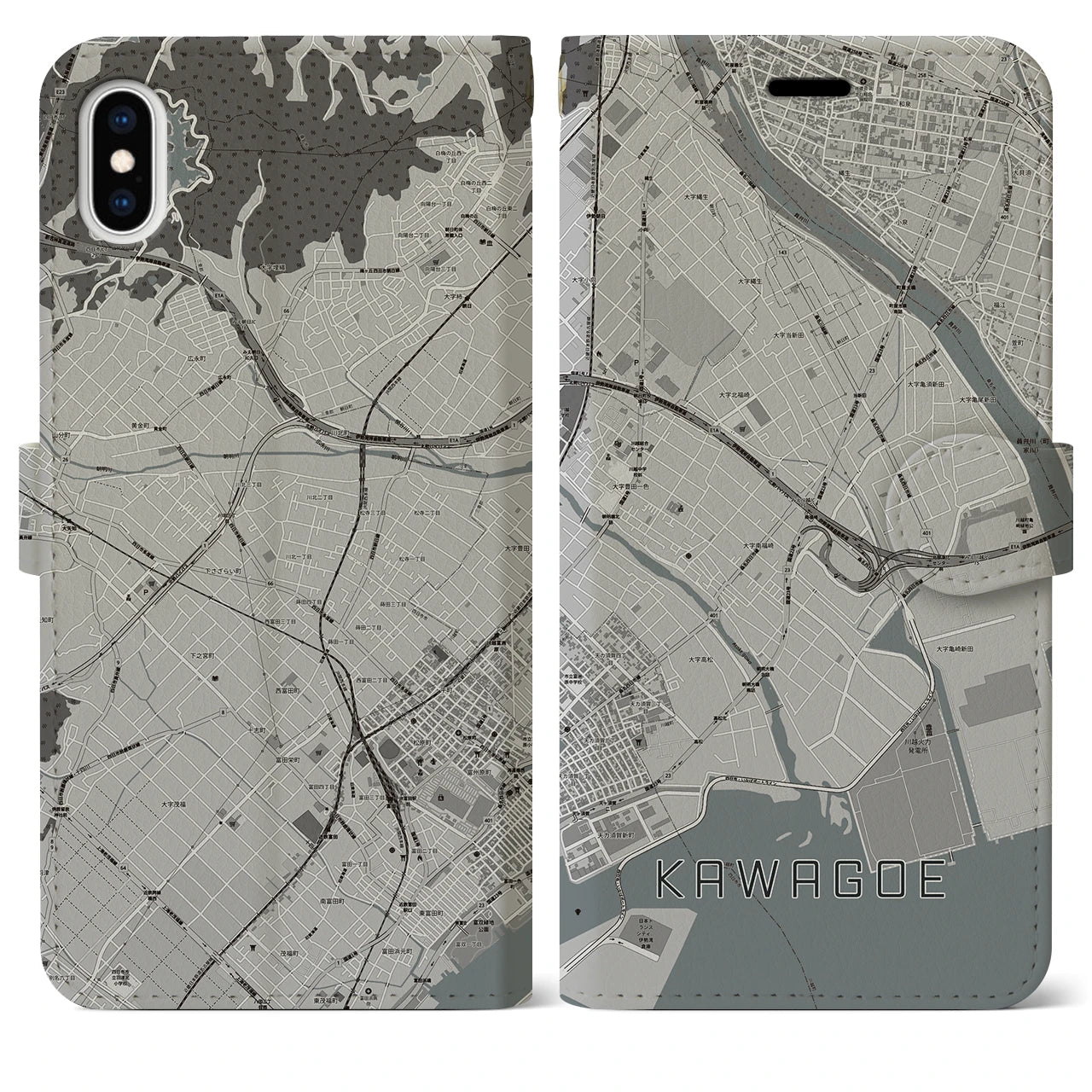 【川越(三重県)】地図柄iPhoneケース(手帳タイプ)モノトーン・iPhone XS Max 用