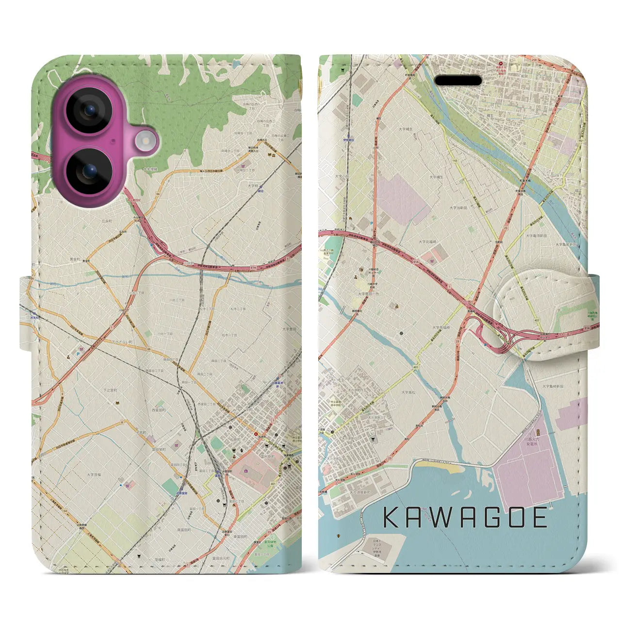 【川越(三重県)】地図柄iPhoneケース(手帳タイプ)ナチュラル・iPhone 16 Pro 用