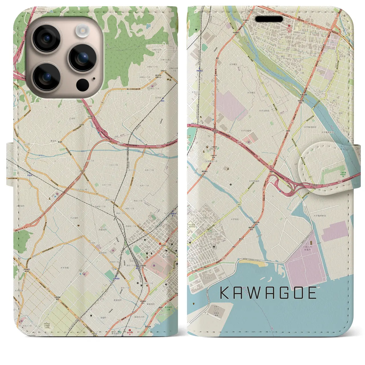 【川越(三重県)】地図柄iPhoneケース(手帳タイプ)ナチュラル・iPhone 16 Plus 用