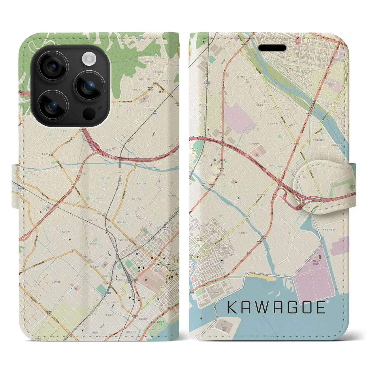 【川越(三重県)】地図柄iPhoneケース(手帳タイプ)ナチュラル・iPhone 16 用