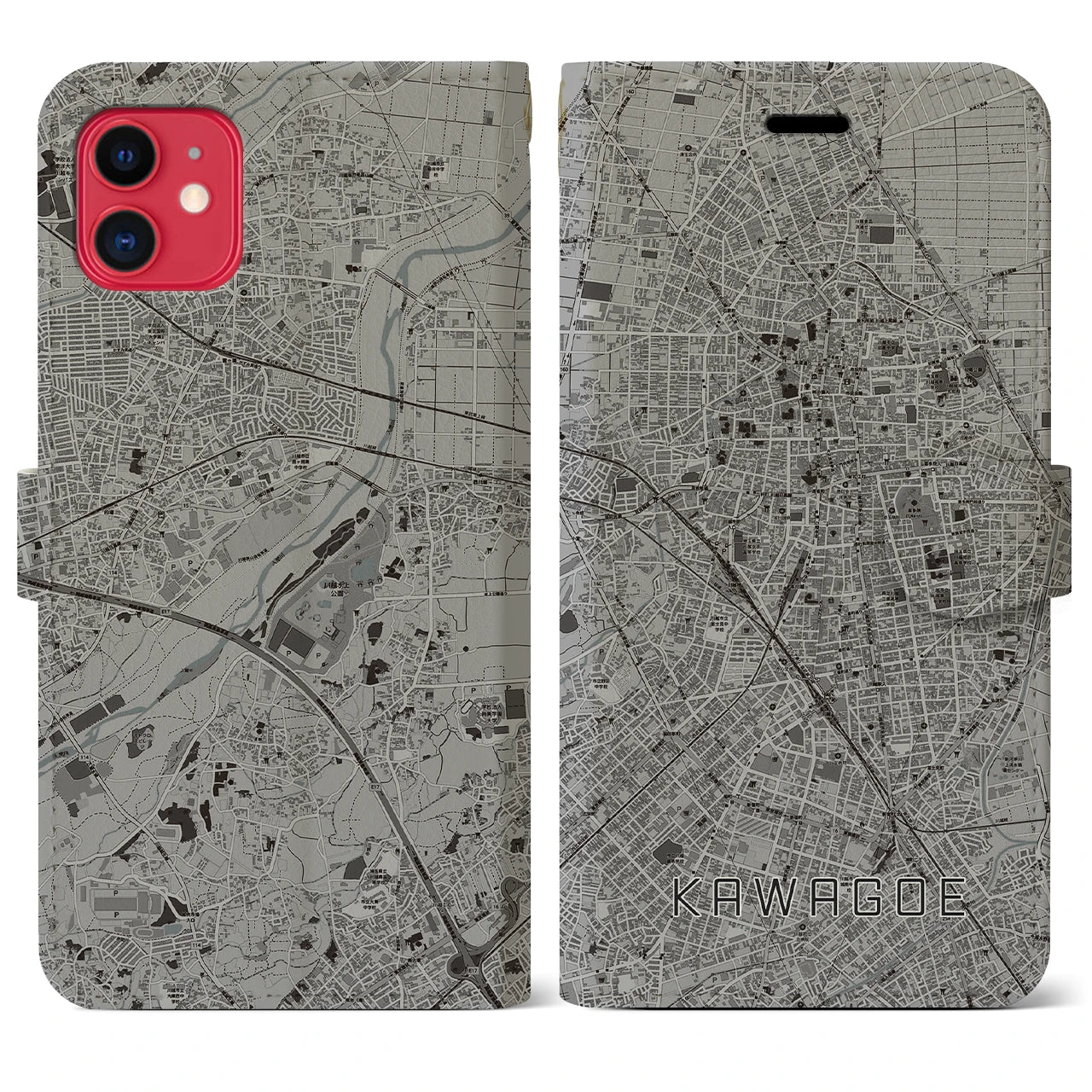 【川越(埼玉県)】地図柄iPhoneケース(手帳タイプ)モノトーン・iPhone 11 用