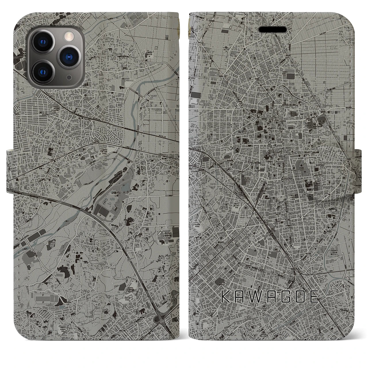 【川越(埼玉県)】地図柄iPhoneケース(手帳タイプ)モノトーン・iPhone 11 Pro Max 用