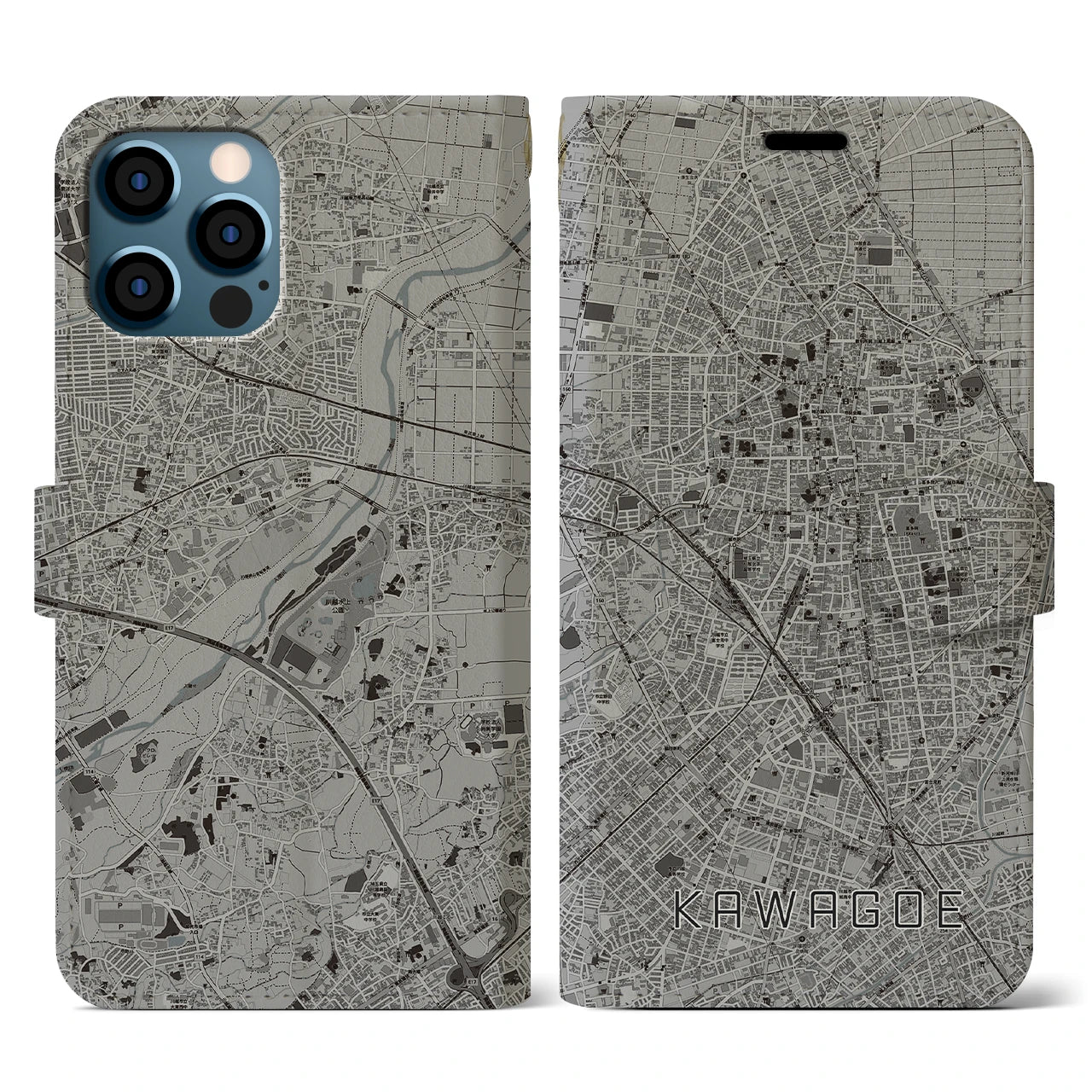 【川越(埼玉県)】地図柄iPhoneケース(手帳タイプ)モノトーン・iPhone 12 / 12 Pro 用