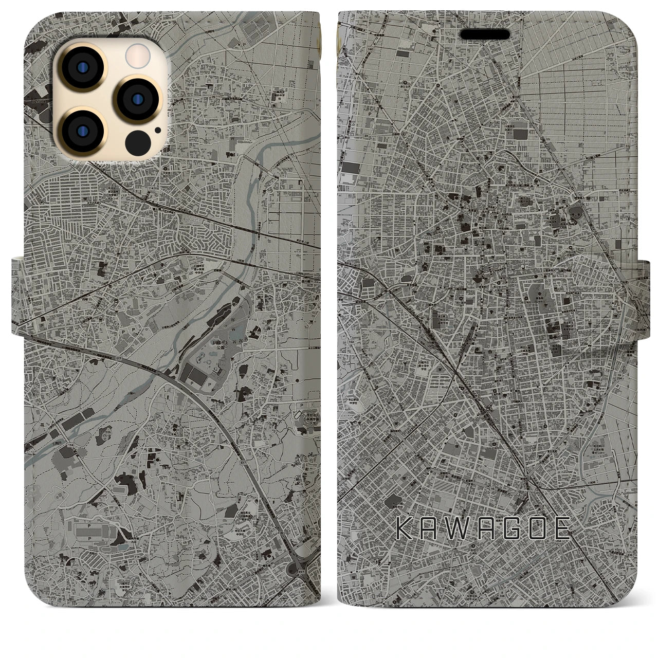 【川越(埼玉県)】地図柄iPhoneケース(手帳タイプ)モノトーン・iPhone 12 Pro Max 用