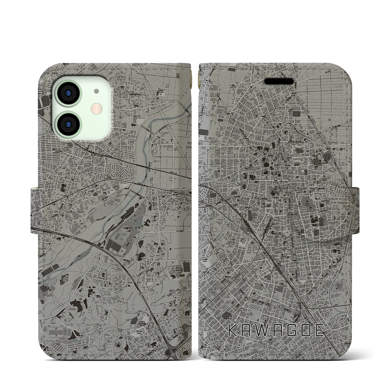 【川越(埼玉県)】地図柄iPhoneケース(手帳タイプ)モノトーン・iPhone 12 mini 用