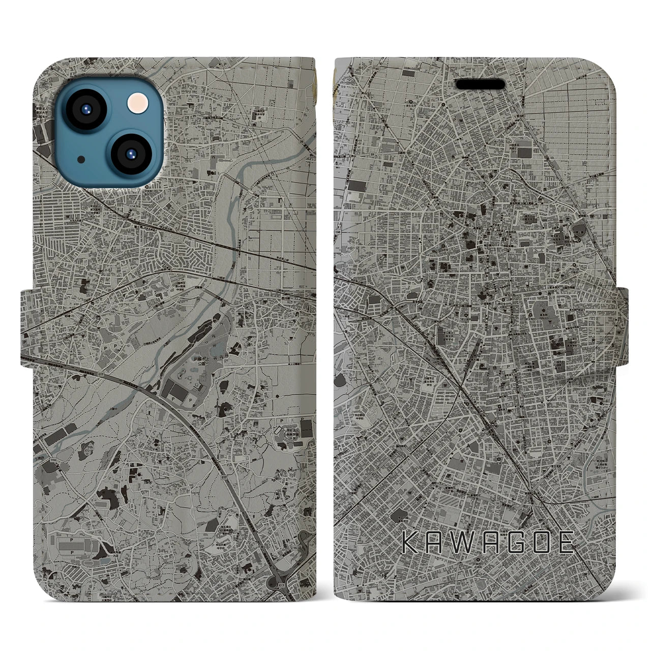 【川越(埼玉県)】地図柄iPhoneケース(手帳タイプ)モノトーン・iPhone 13 用