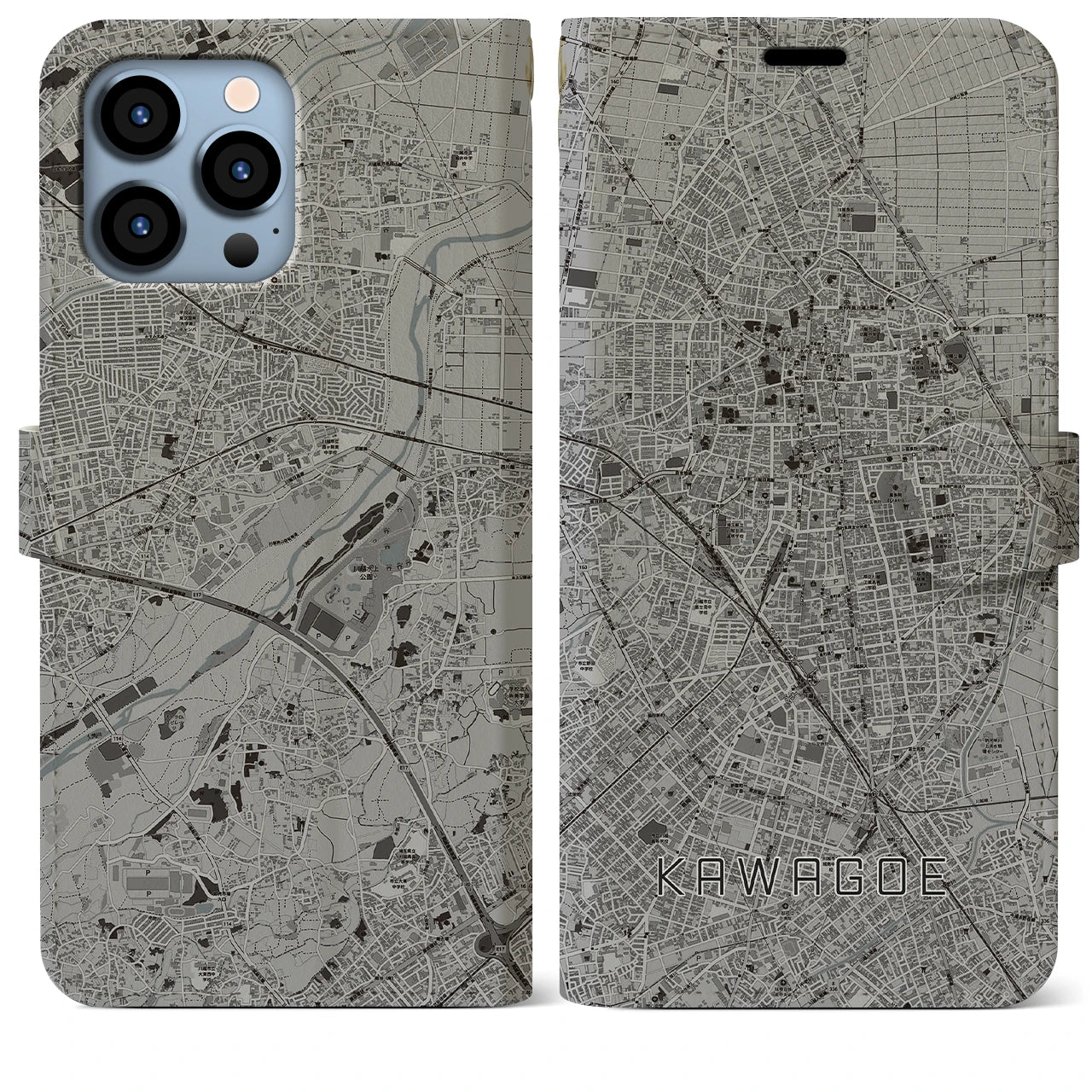 【川越(埼玉県)】地図柄iPhoneケース(手帳タイプ)モノトーン・iPhone 13 Pro Max 用