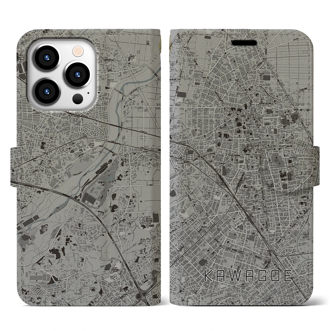 【川越(埼玉県)】地図柄iPhoneケース(手帳タイプ)モノトーン・iPhone 13 Pro 用