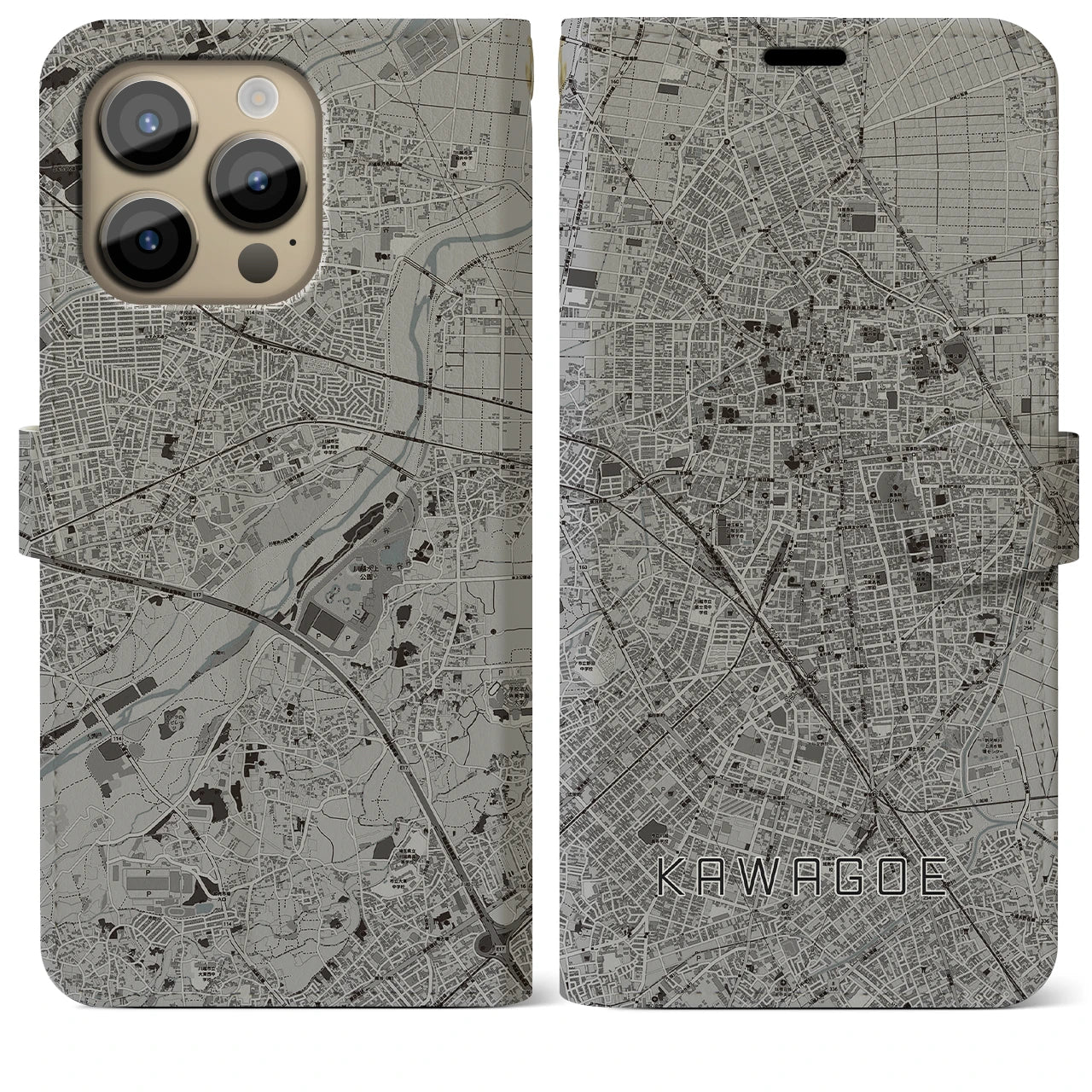 【川越(埼玉県)】地図柄iPhoneケース(手帳タイプ)モノトーン・iPhone 14 Pro Max 用