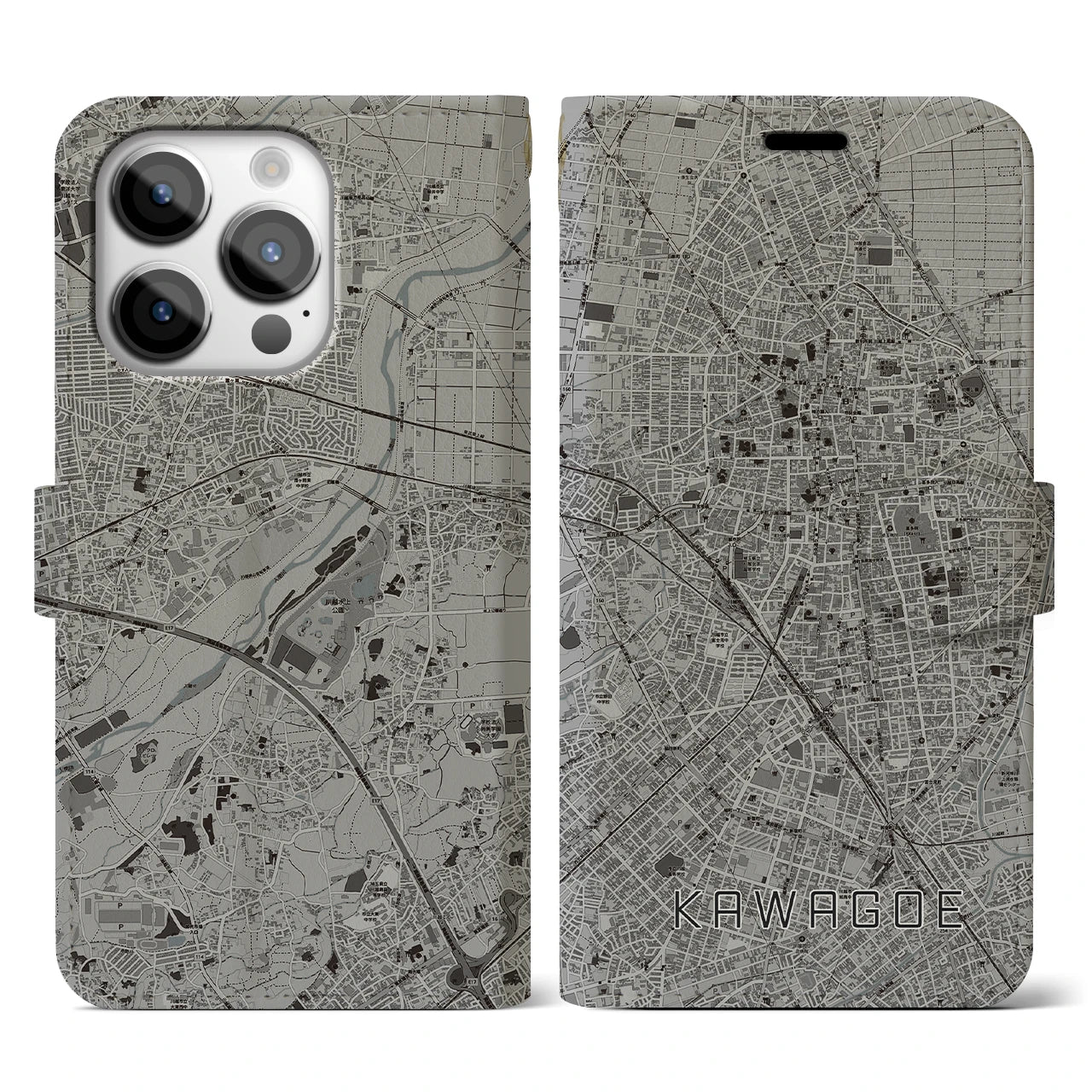 【川越(埼玉県)】地図柄iPhoneケース(手帳タイプ)モノトーン・iPhone 14 Pro 用