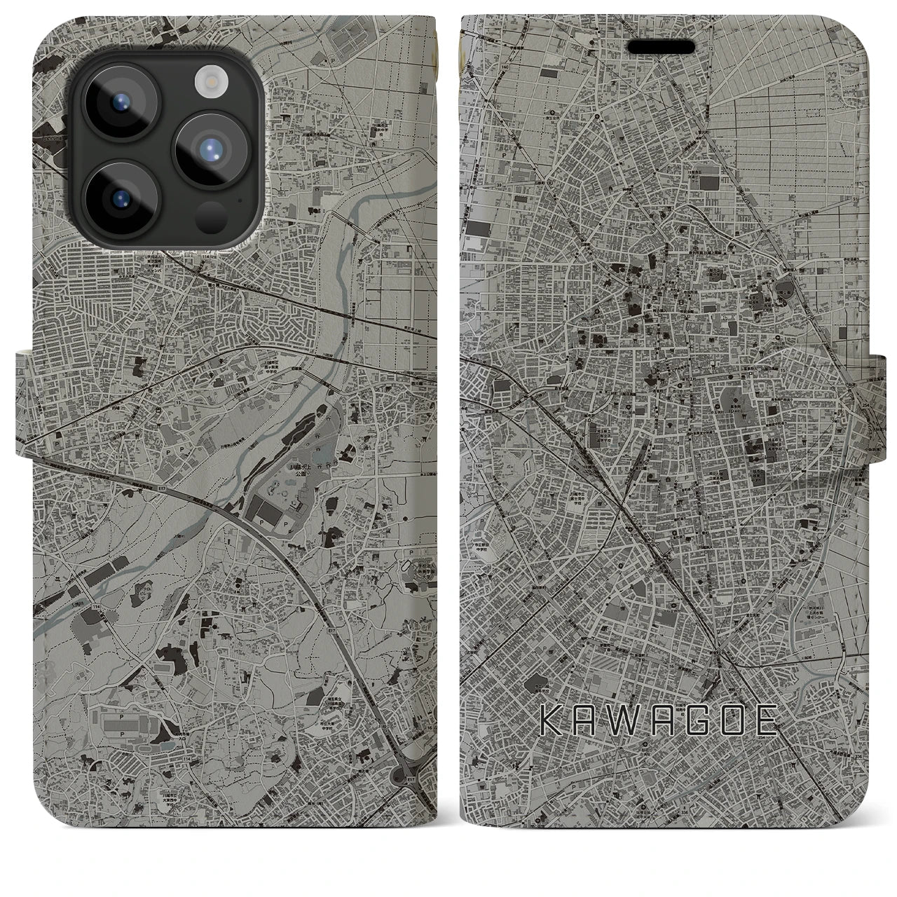 【川越(埼玉県)】地図柄iPhoneケース(手帳タイプ)モノトーン・iPhone 15 Pro Max 用