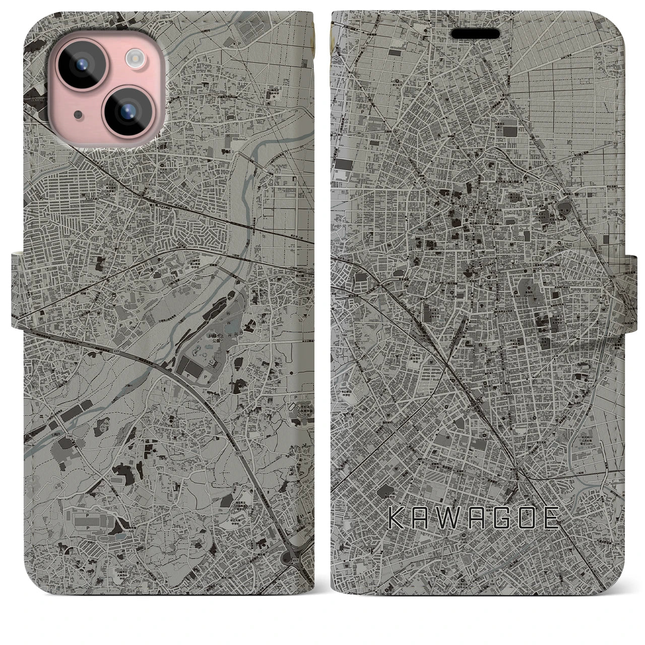 【川越(埼玉県)】地図柄iPhoneケース(手帳タイプ)モノトーン・iPhone 15 Plus 用