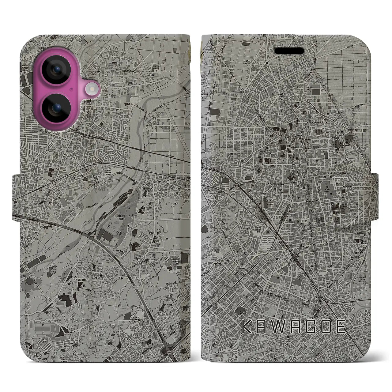 【川越(埼玉県)】地図柄iPhoneケース(手帳タイプ)モノトーン・iPhone 16 Pro 用