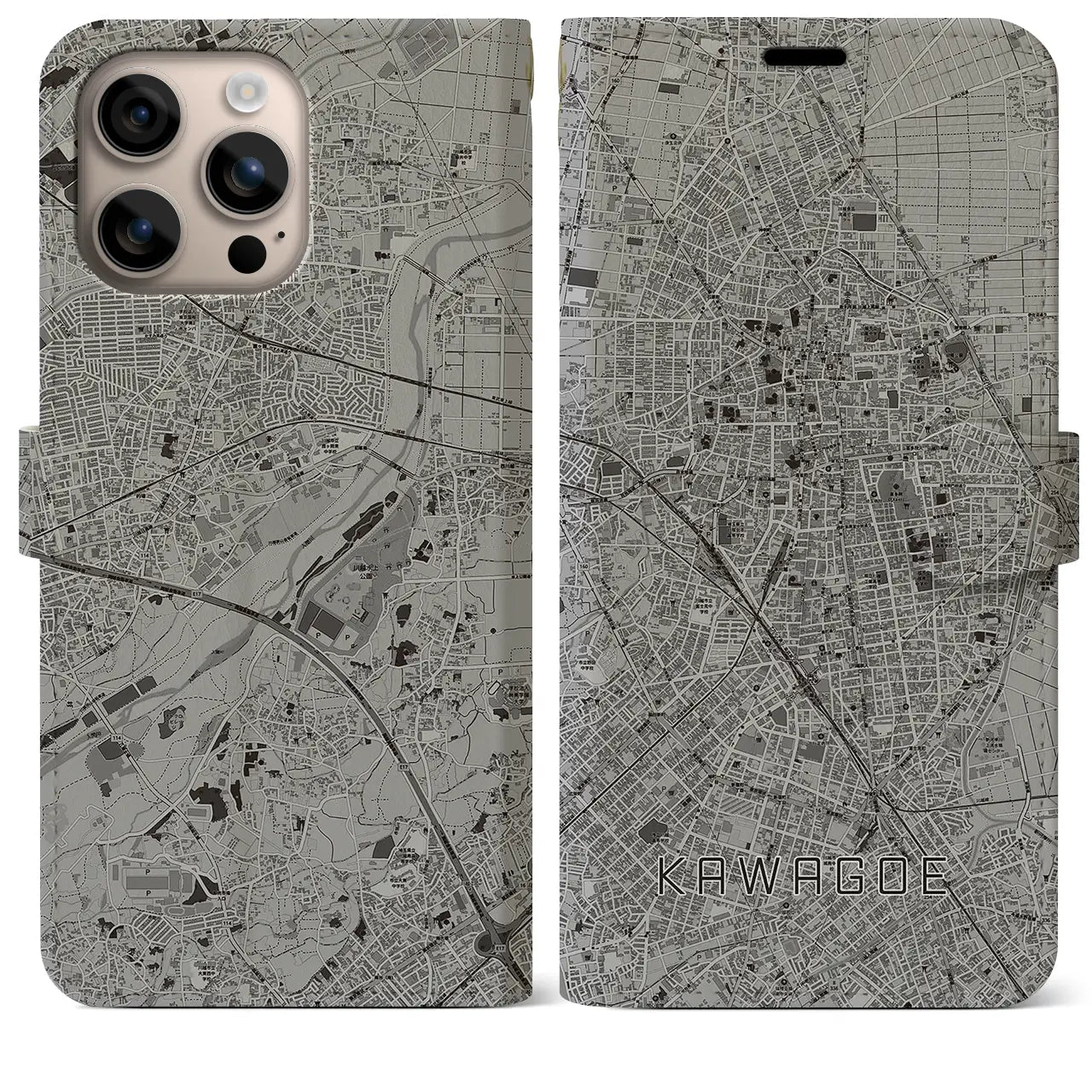 【川越(埼玉県)】地図柄iPhoneケース(手帳タイプ)モノトーン・iPhone 16 Plus 用