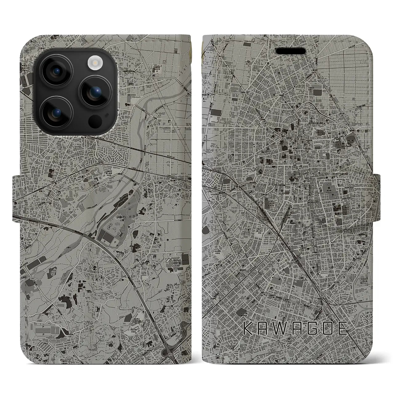 【川越(埼玉県)】地図柄iPhoneケース(手帳タイプ)モノトーン・iPhone 16 用