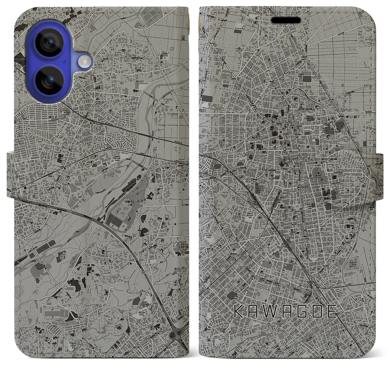 【川越(埼玉県)】地図柄iPhoneケース(手帳タイプ)モノトーン・iPhone 16 Pro Max 用