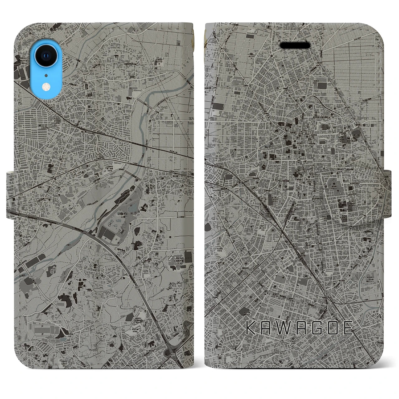 【川越(埼玉県)】地図柄iPhoneケース(手帳タイプ)モノトーン・iPhone XR 用