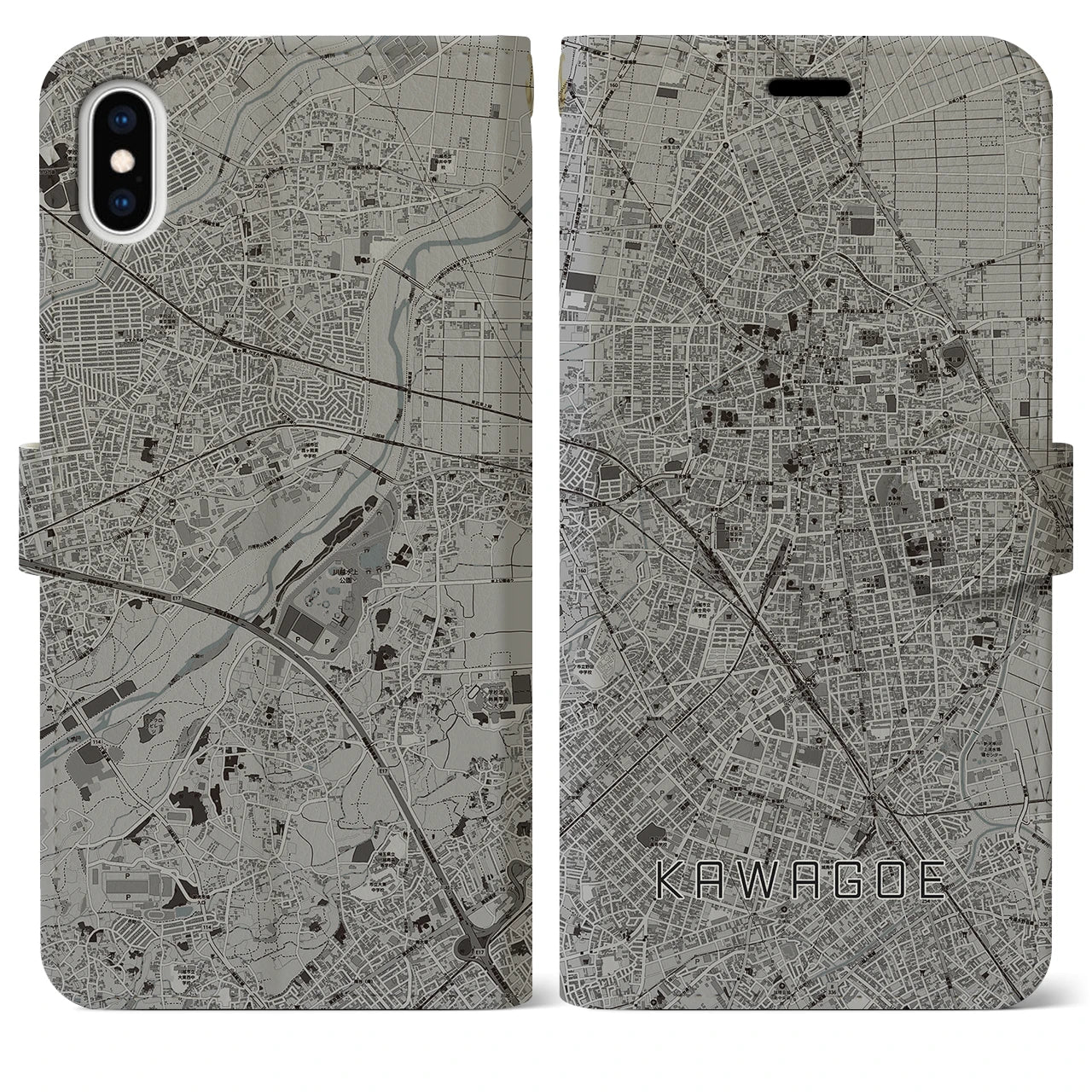 【川越(埼玉県)】地図柄iPhoneケース(手帳タイプ)モノトーン・iPhone XS Max 用