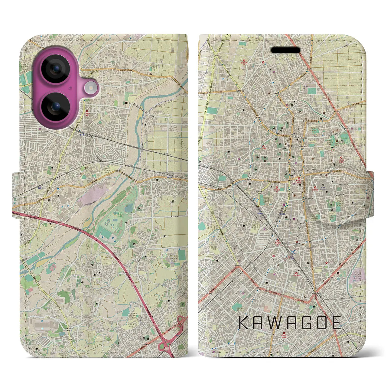 【川越(埼玉県)】地図柄iPhoneケース(手帳タイプ)ナチュラル・iPhone 16 Pro 用