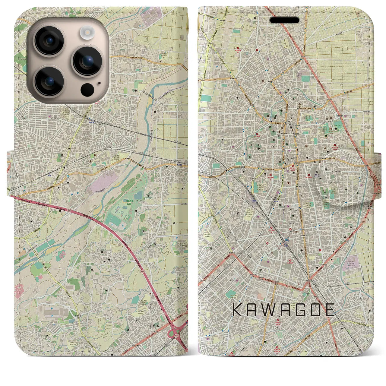 【川越(埼玉県)】地図柄iPhoneケース(手帳タイプ)ナチュラル・iPhone 16 Plus 用