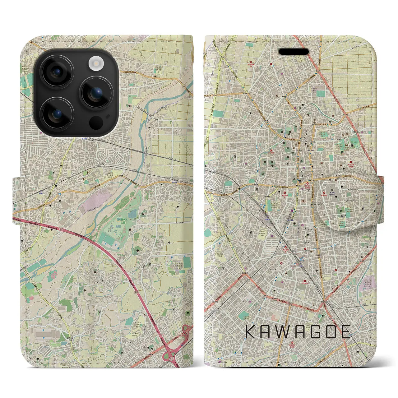 【川越(埼玉県)】地図柄iPhoneケース(手帳タイプ)ナチュラル・iPhone 16 用