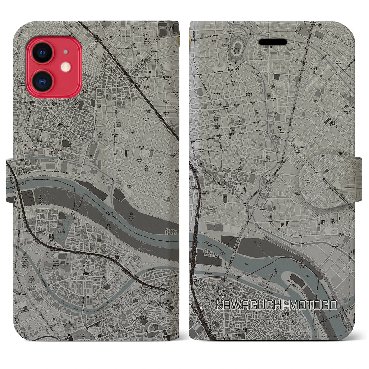 【川口元郷(埼玉県)】地図柄iPhoneケース(手帳タイプ)モノトーン・iPhone 11 用