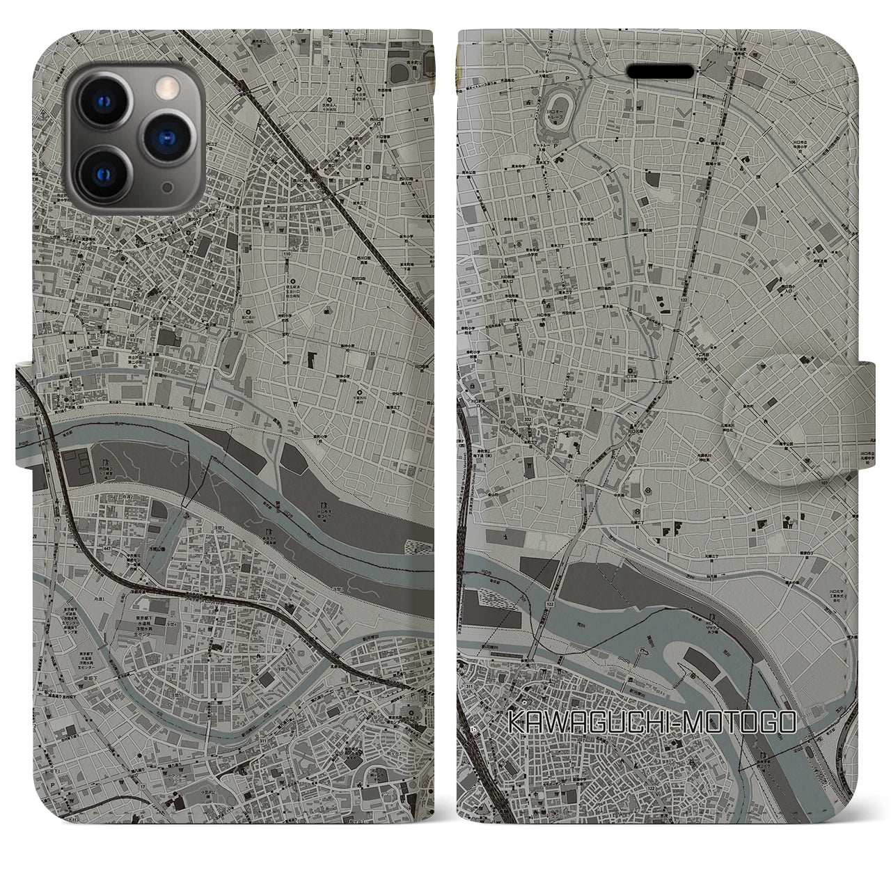 【川口元郷(埼玉県)】地図柄iPhoneケース(手帳タイプ)モノトーン・iPhone 11 Pro Max 用