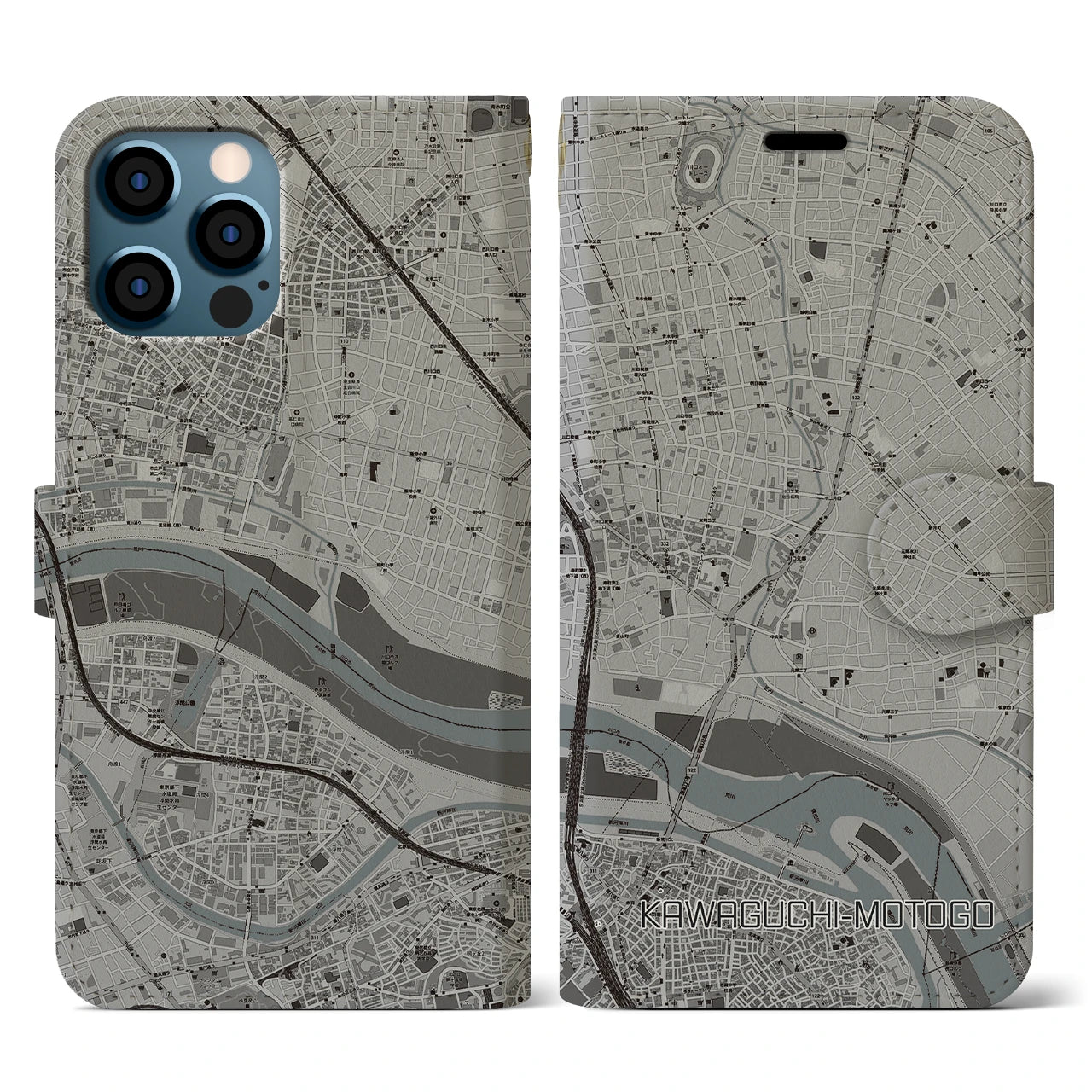 【川口元郷(埼玉県)】地図柄iPhoneケース(手帳タイプ)モノトーン・iPhone 12 / 12 Pro 用