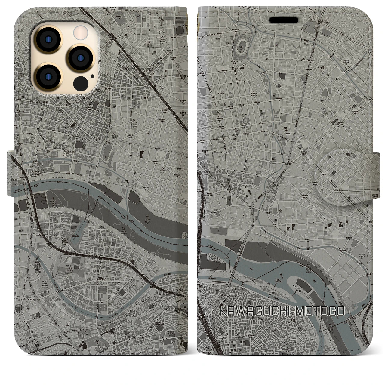 【川口元郷(埼玉県)】地図柄iPhoneケース(手帳タイプ)モノトーン・iPhone 12 Pro Max 用