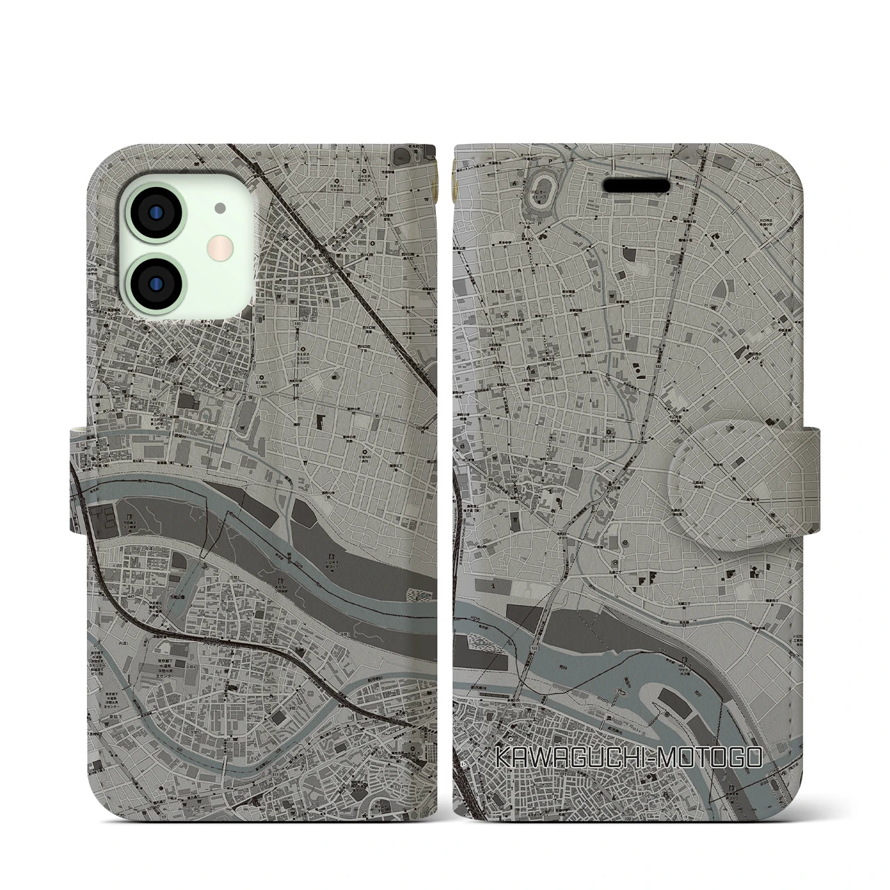 【川口元郷(埼玉県)】地図柄iPhoneケース(手帳タイプ)モノトーン・iPhone 12 mini 用