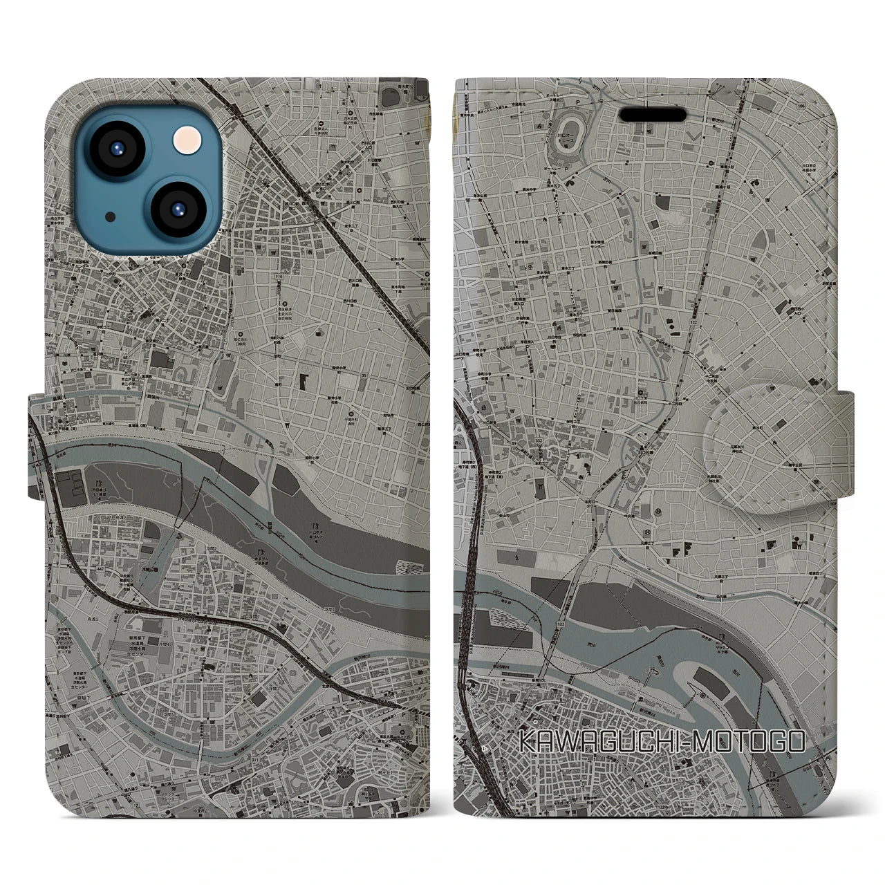 【川口元郷(埼玉県)】地図柄iPhoneケース(手帳タイプ)モノトーン・iPhone 13 用