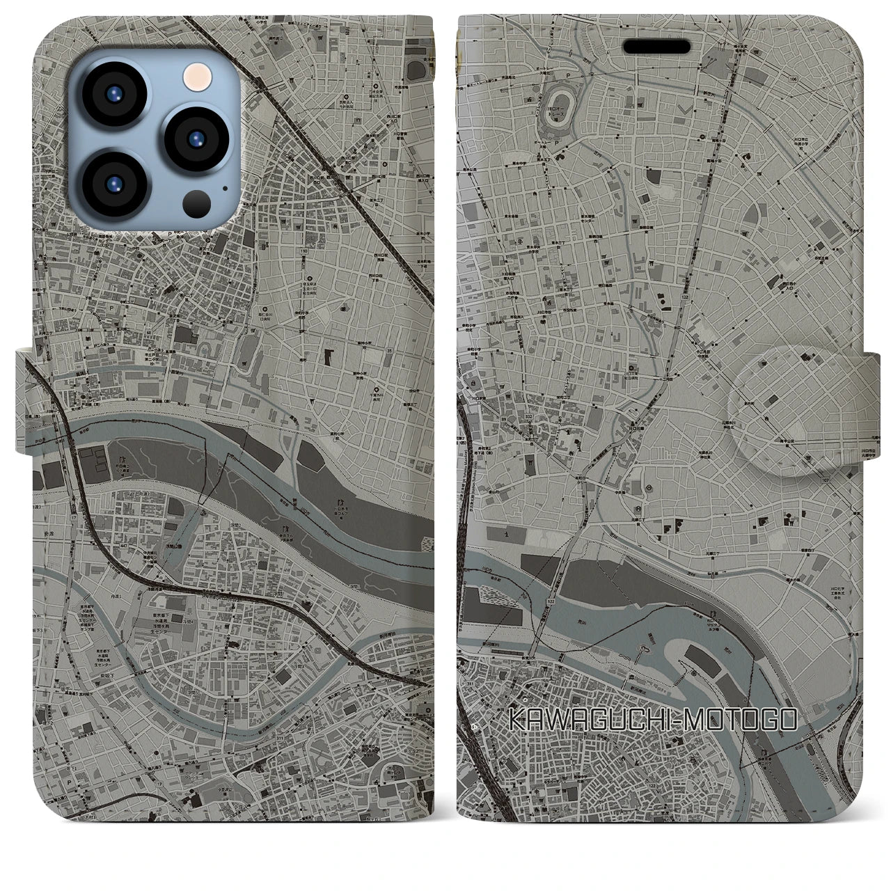 【川口元郷(埼玉県)】地図柄iPhoneケース(手帳タイプ)モノトーン・iPhone 13 Pro Max 用