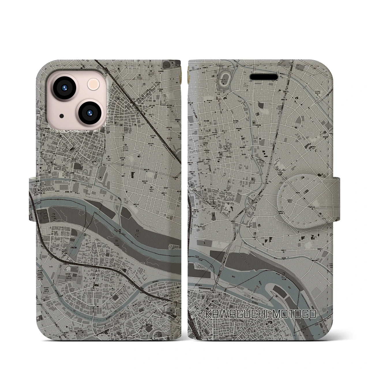 【川口元郷(埼玉県)】地図柄iPhoneケース(手帳タイプ)モノトーン・iPhone 13 mini 用