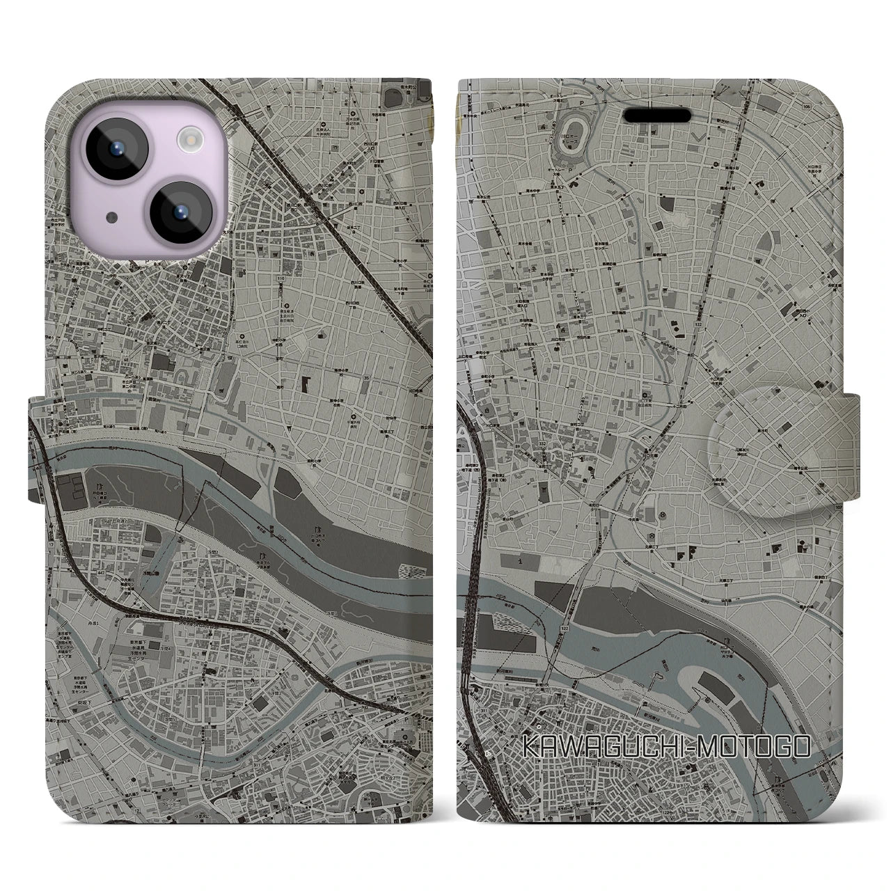 【川口元郷(埼玉県)】地図柄iPhoneケース(手帳タイプ)モノトーン・iPhone 14 用