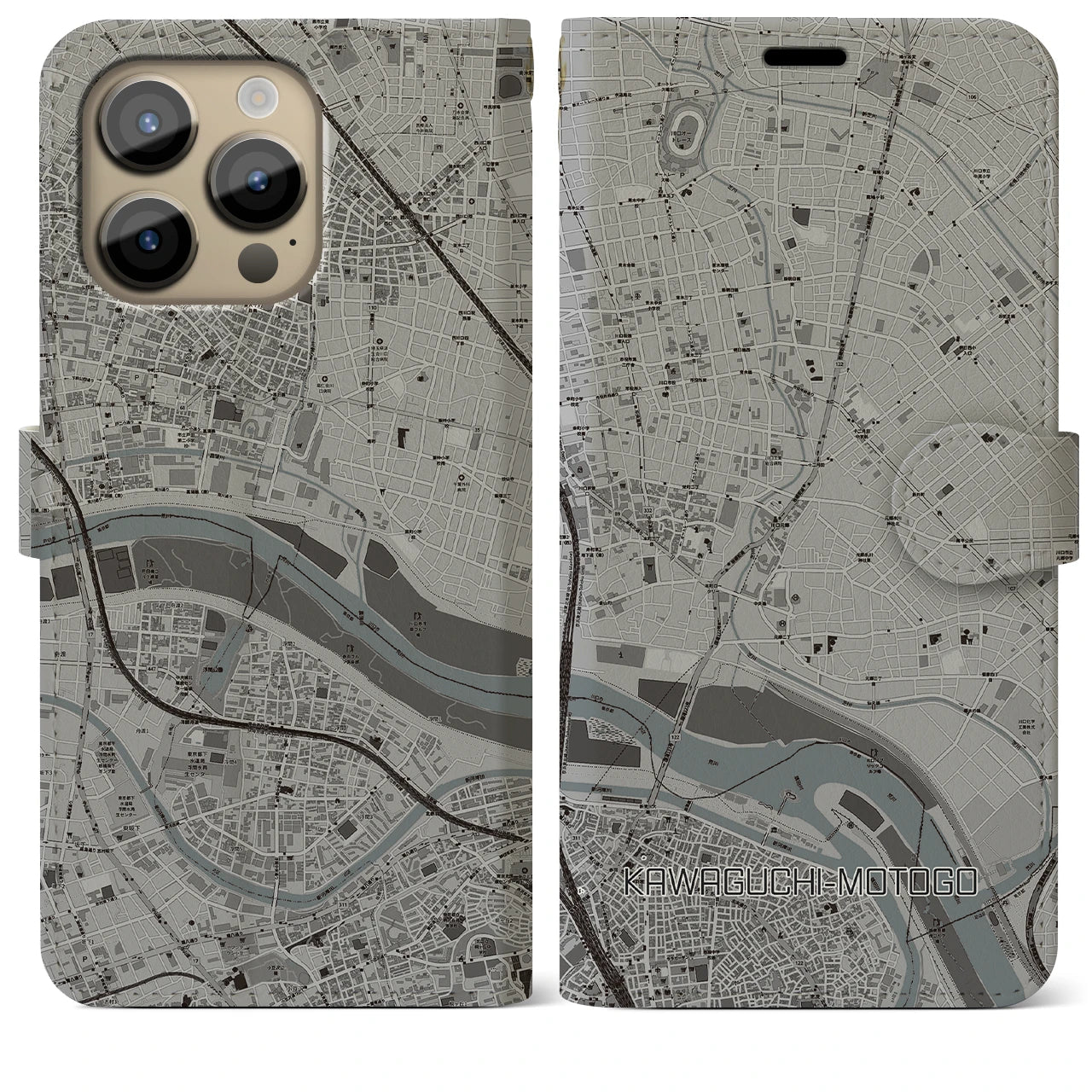 【川口元郷(埼玉県)】地図柄iPhoneケース(手帳タイプ)モノトーン・iPhone 14 Pro Max 用