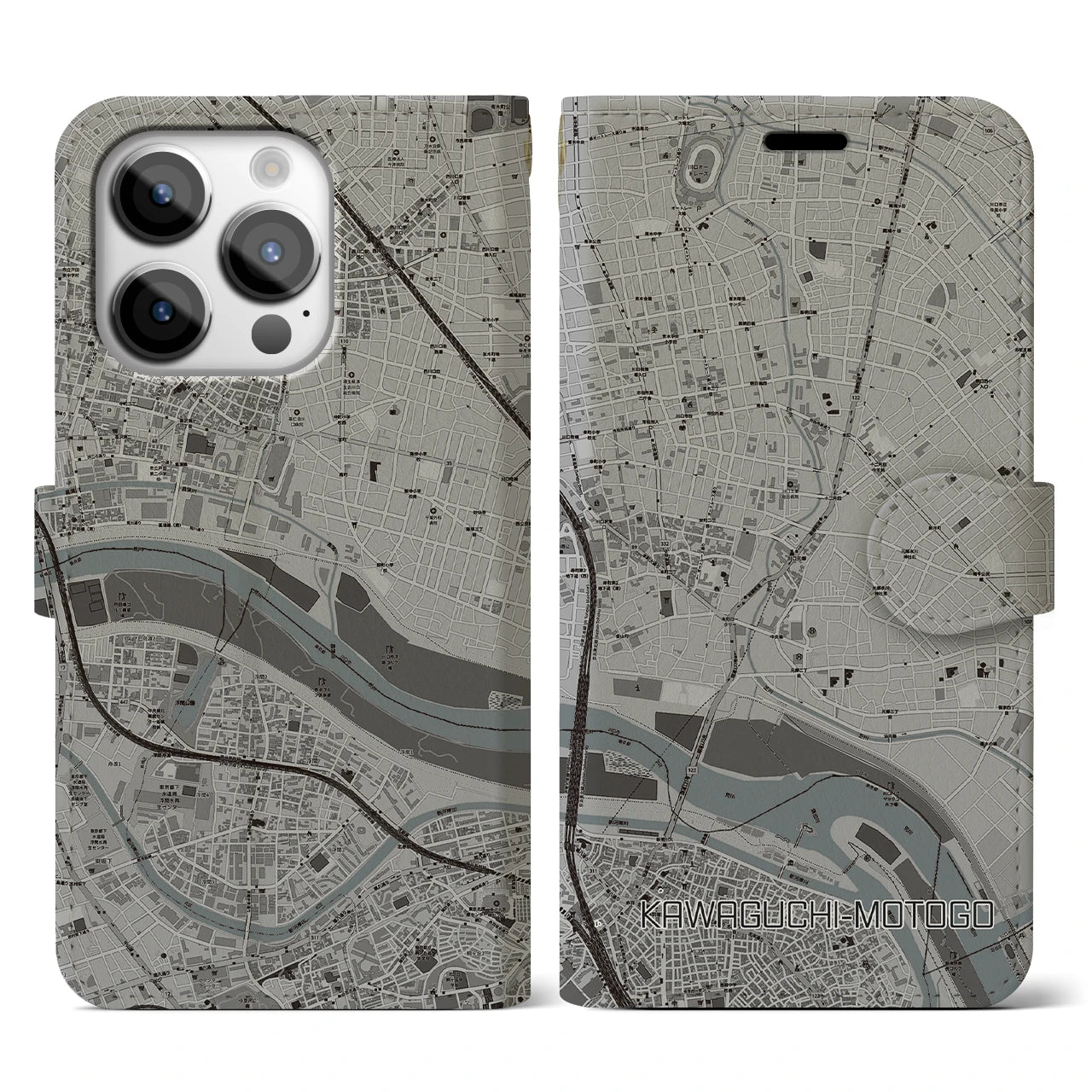 【川口元郷(埼玉県)】地図柄iPhoneケース(手帳タイプ)モノトーン・iPhone 14 Pro 用