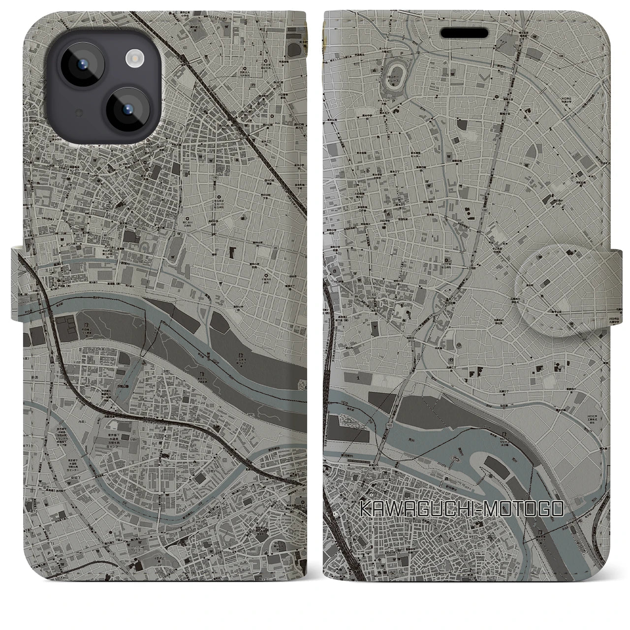 【川口元郷(埼玉県)】地図柄iPhoneケース(手帳タイプ)モノトーン・iPhone 14 Plus 用